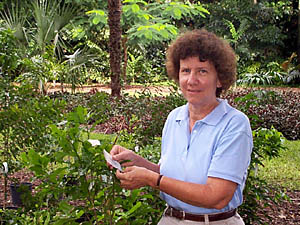 Mary Collins checks her notes on sale plants.