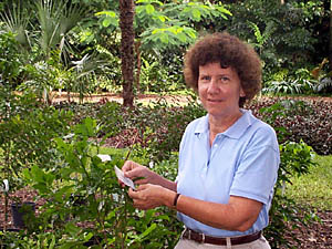 Mary Collins checks her notes on sale plants.